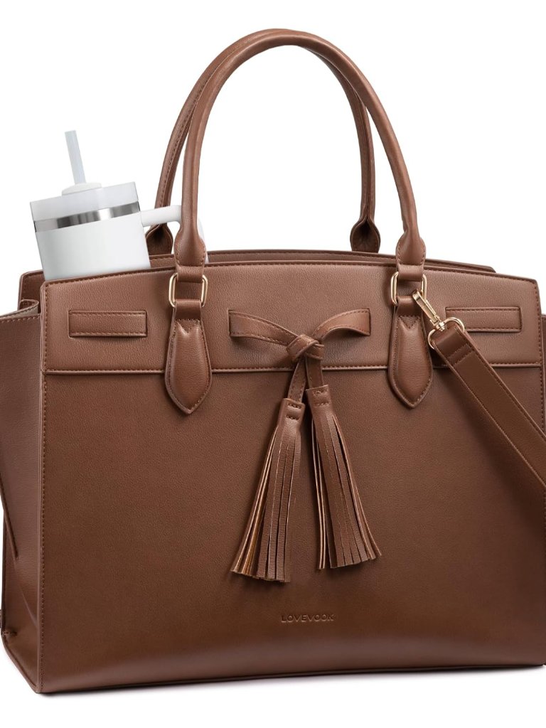 Laptop Bag For Women,Work Tote Bag With Large Cup Holder,Leather Computer Bag Te